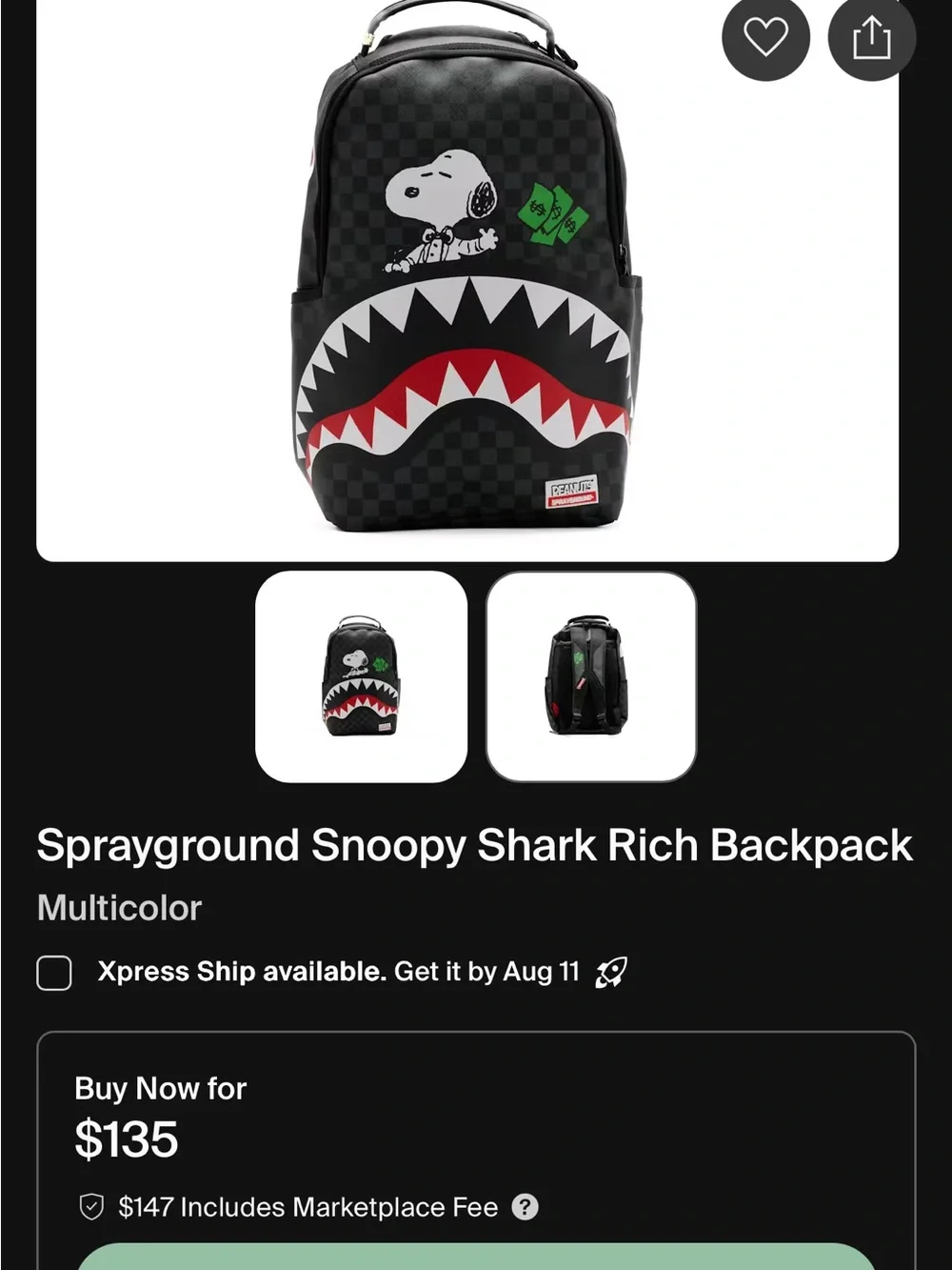 Sprayground Snoopy shark rich backpack